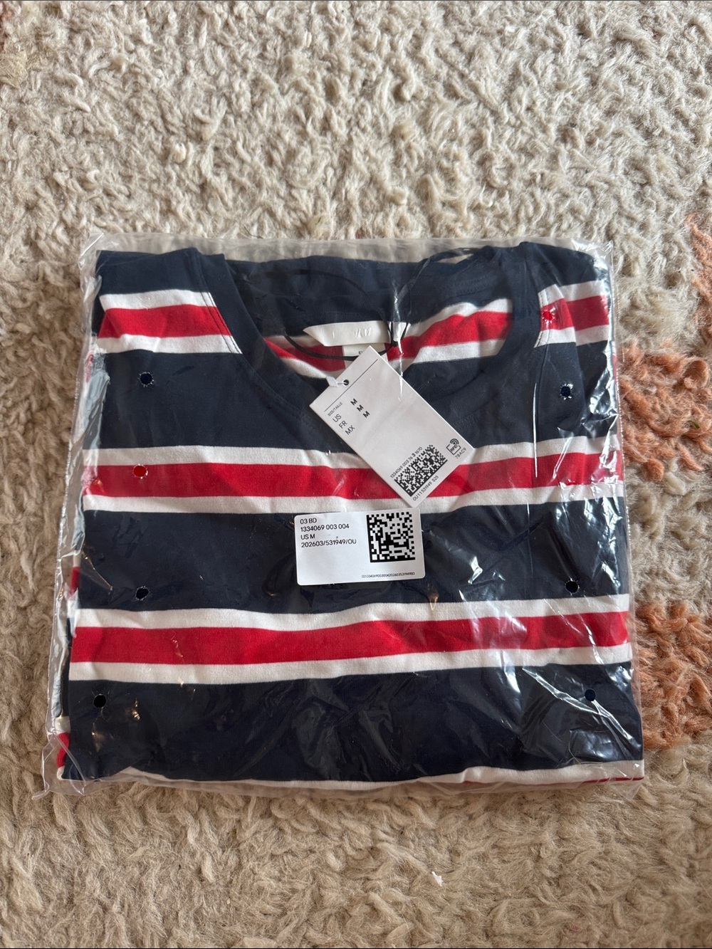 H&M Navy Striped Short Sleeve Tee with Red & White Bands